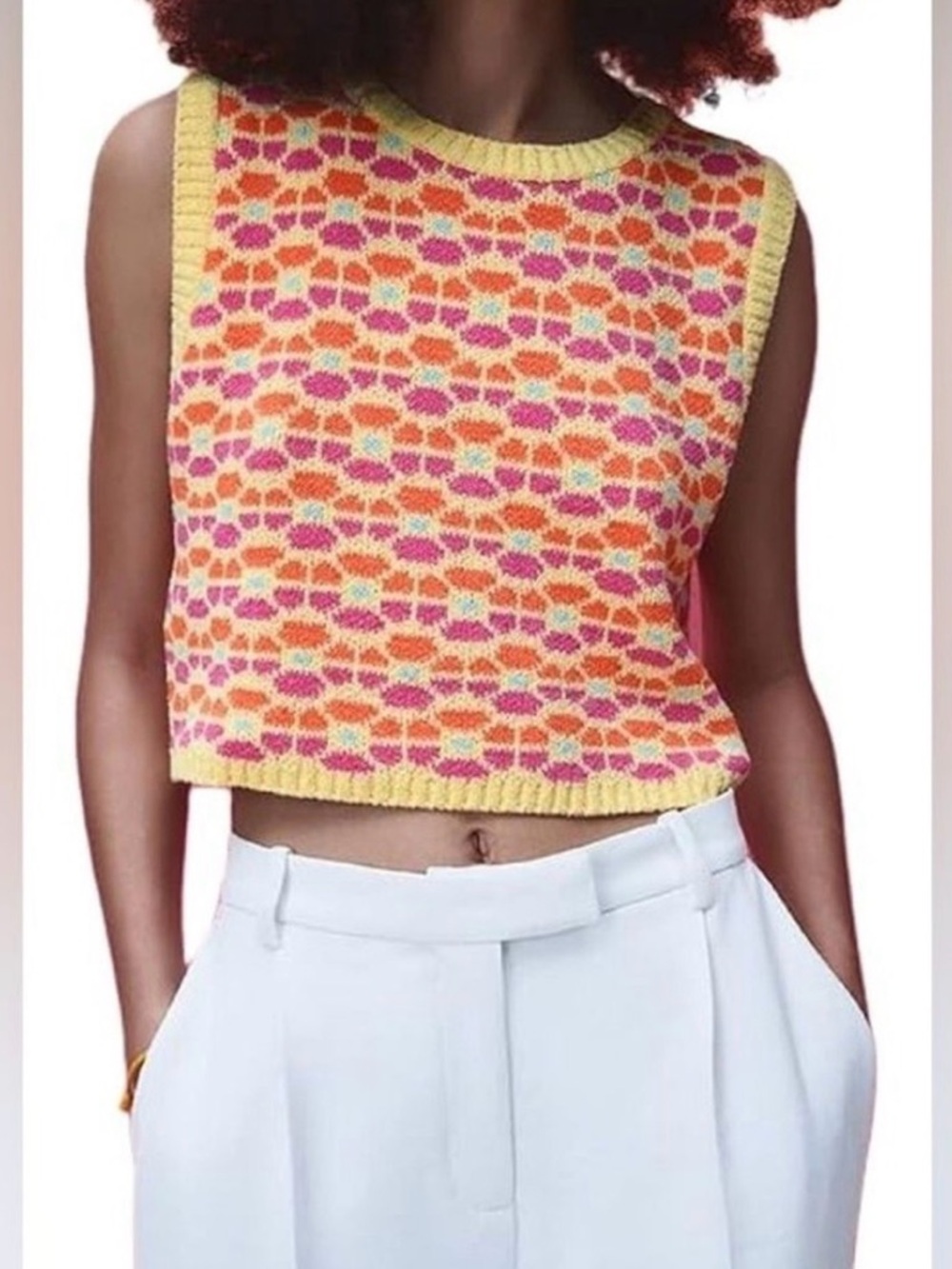 Zara Yellow Pink Orange Patterned Knit Crop Top